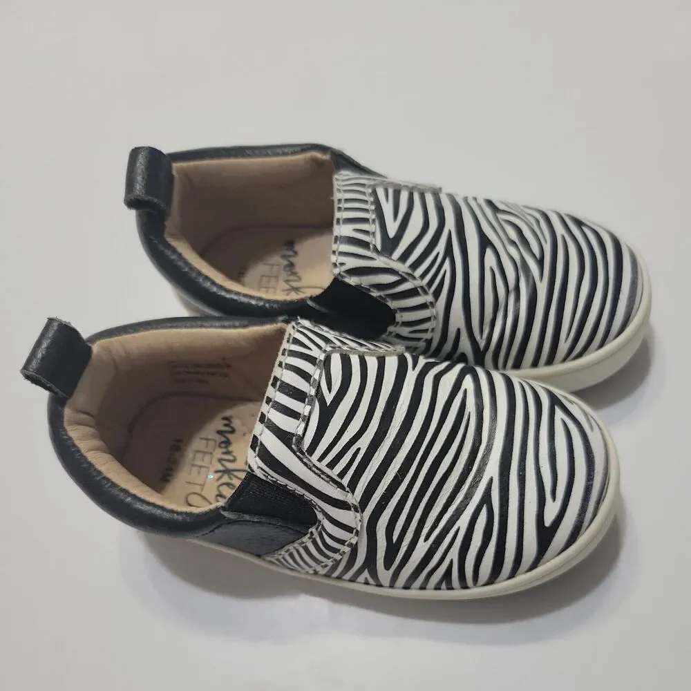 Monkey Feet Slip On Girls 18-24 Month Shoes Black Zebra Print‎ Leather Sneakers